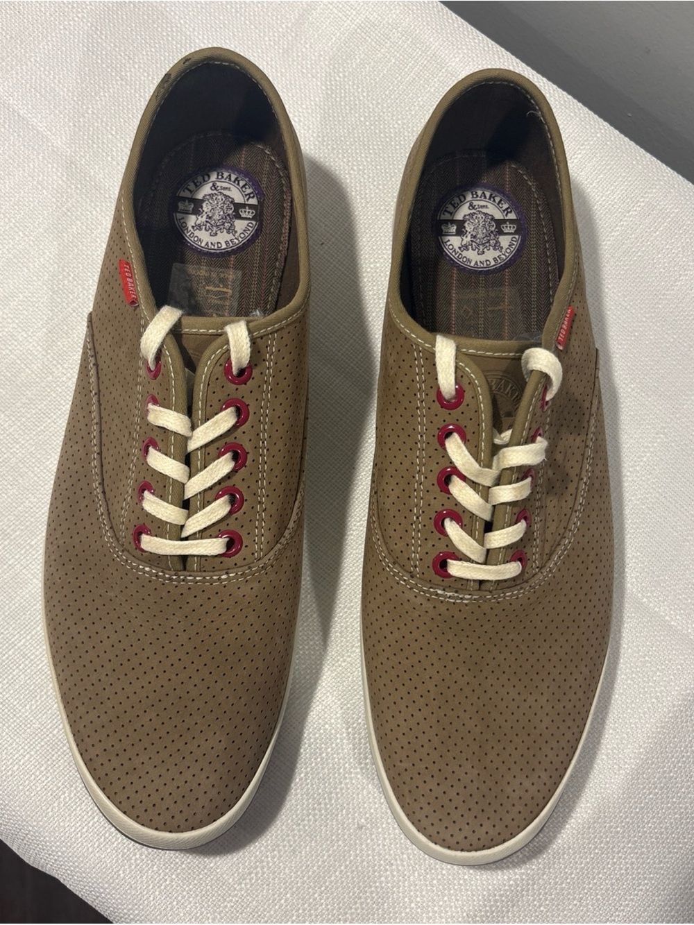 Ted Baker Tan Perforated Sneakers with Cream Laces and Red Eyelets